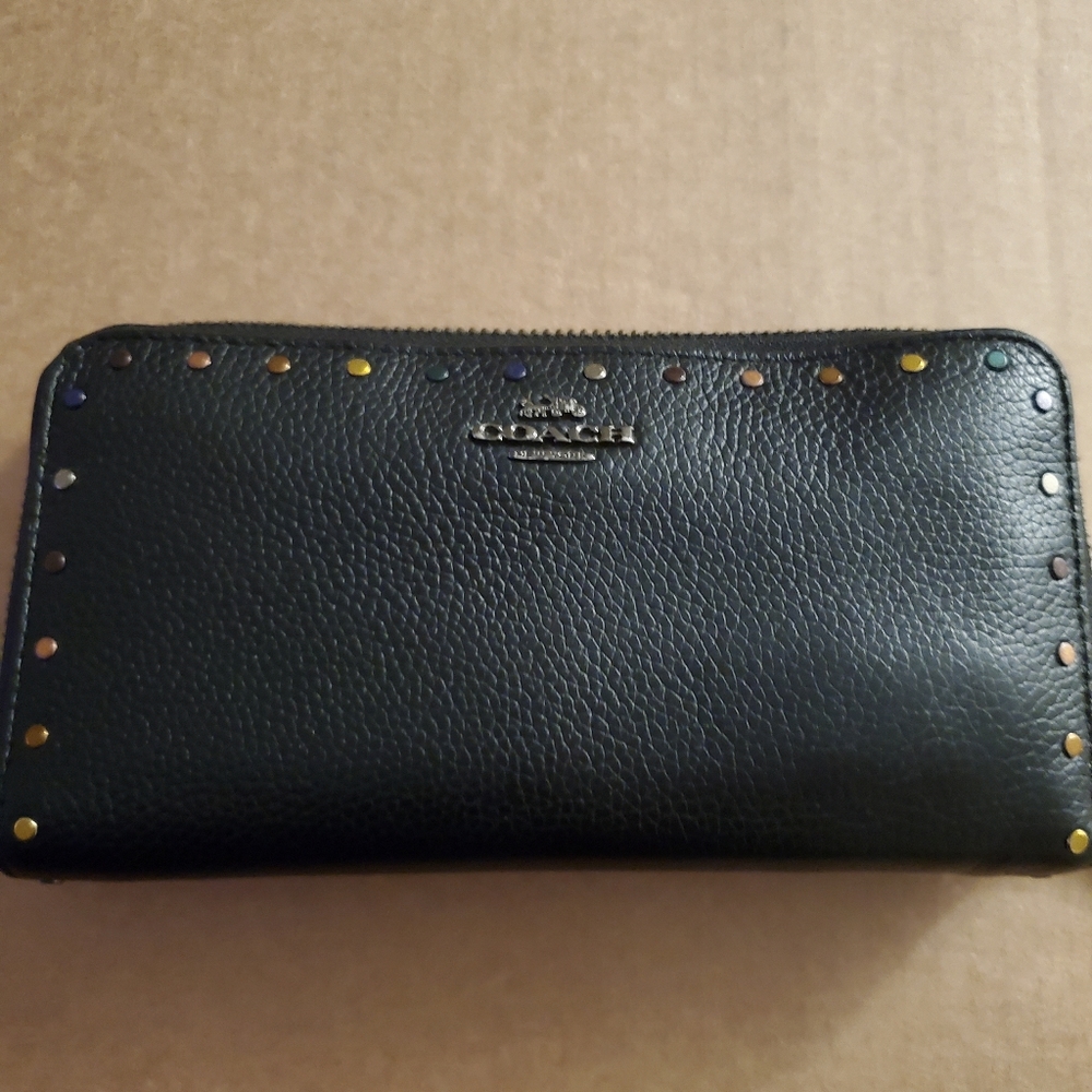 Dark Blue Genuine Leather Coach Studded Wallet